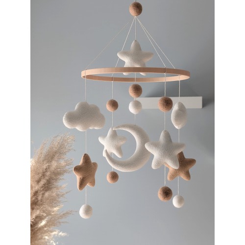 Neutral Felt Baby Mobile, Moon & Stars Crib Mobile in Beige Cream, Gender Neutral Nursery Decor, Handmade Mobile with Eco-Friendly PLA