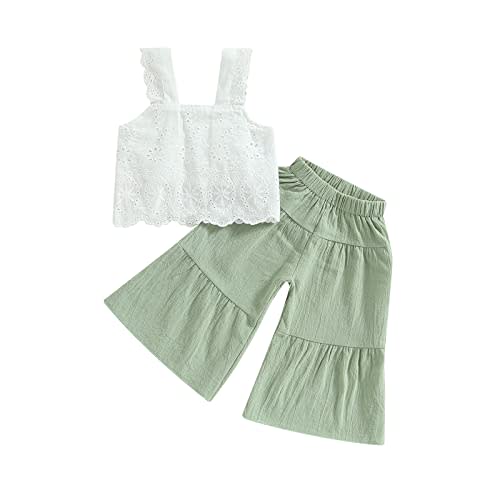 VISGOGO Toddler Baby Girls Summer Outfit Sleeveless Lace Embroidery Clothes Toddler Kids Tank Tops Bell-bottom Pants Set