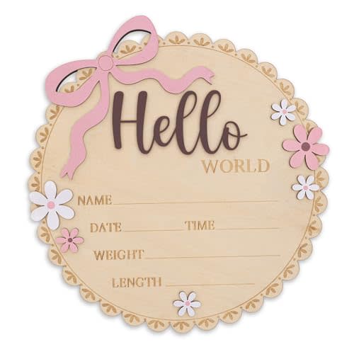 Hello World Wooden Baby Birth Announcement Sign, Pink Floral Newborn Name Date Time Weight Length Board, Baby Girl Nursery Decor Photo Prop Keepsake (Light Pink + Mouve)