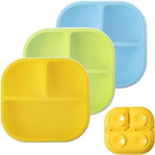 BABELIO Powerful Suction Plates with Lids for Baby & Toddler, 100% Food Grade Silicone, Divided, BPA Free, Microwave & Dishwasher Safe