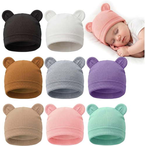 8 Pack Hat with Ears,Unisex Beanie Hats for Boys Girls,0-3 Months