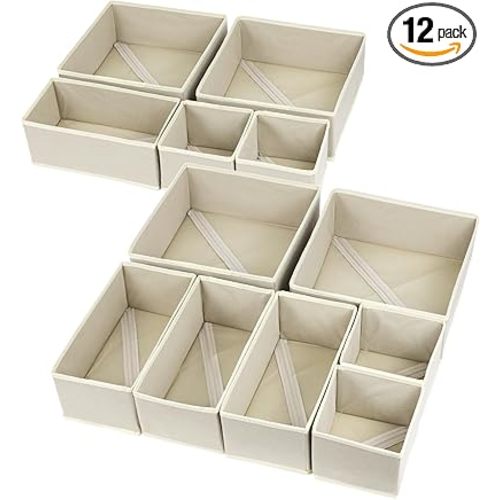 12 Pack Drawer Organizer Clothes, Foldable Fabric Dresser Organizer Closet Organizers and Storage Box for Underwear,Folded Clothes,Baby Clothing,Socks,Bra,Towels,Ties(12 Pack,Beige)