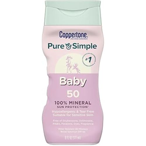 Coppertone Pure and Simple Baby Sunscreen Lotion SPF 50, Zinc Oxide Mineral Sunscreen for Babies, Hypoallergenic and Tear Free, 6 Fl Oz Bottle