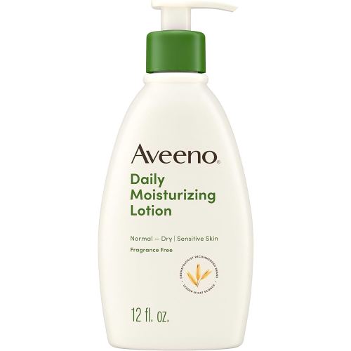 Aveeno Daily Moisturizing Body Lotion with Soothing Prebiotic Oat, Gentle Lotion Nourishes Dry Skin With Moisture, Paraben-, Dye- & Fragrance-Free, Non-Greasy & Non-Comedogenic, 12 fl. Oz