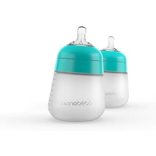 Nanobébé Flexy Silicone Baby Bottle, Anti-Colic, Natural Feel, Non-Collapsing Nipple, Non-Tip Stable Base, Easy to Clean 2-Pack, Teal, 9oz