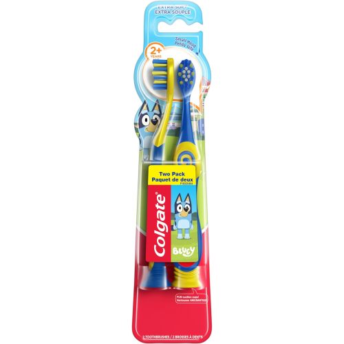Colgate Extra Soft Toothbrush for Kids, Kids Toothbrush Pack with Built in Suction Cup Toothbrush Holder, Designed for Children Ages 2 and Up, Extra Soft Bristles, Bluey, 2 Pack