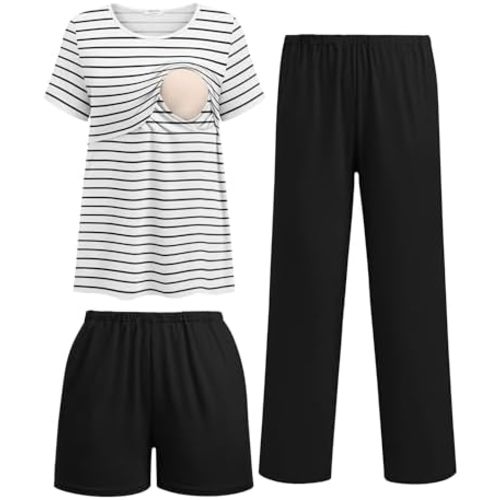 Ekouaer 3 Piece Postpartum Nursing Pajamas Set Short Sleeve Breastfeeding Shirts Pregnancy Shorts & Pants Maternity Pjs
