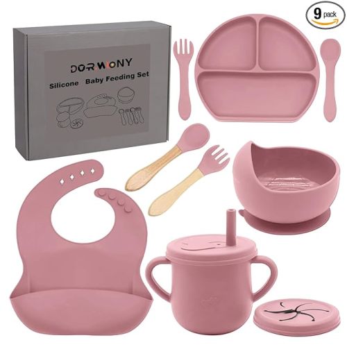 100% Silicone Baby Feeding Set,BPA Free Baby Dishes Set with Suction Bowl Divided Plate,Toddler Self Feeding Dish Set with Spoons Forks Sippy Cup and Bib, Baby Eating Utensils (Coral)