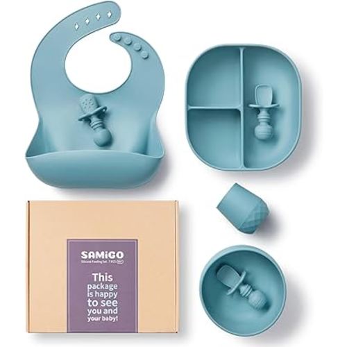 SAMiGO Silicone Baby Feeding Set, Baby Led Weaning Supplies, Suction Bowl Plate Bib Cup Self Feeding Spoons, Solid Food Eating Essentials, First Stage Utensils, 6+ Months