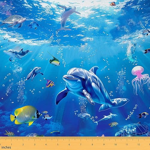 Dolphin Upholstery Fabric for Chairs Couch, Cute Ocean Animal Outdoor Fabric by The Yard, Jumping Dolphins Decorative Fabric for Upholstery and Home DIY Projects, 1 Yard, Blue