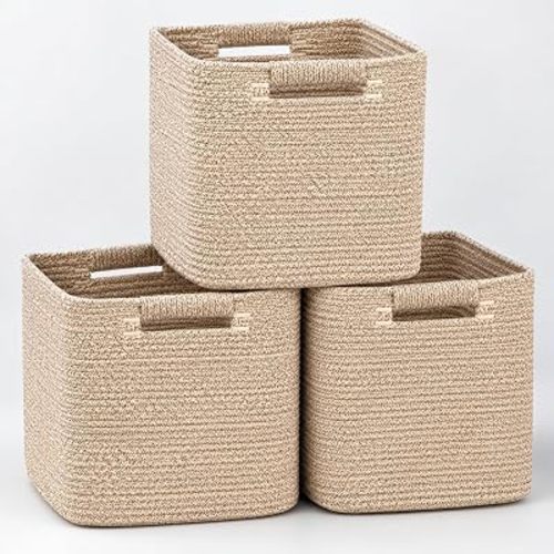 11 Inch Cube Storage Bins, 3 Pack Cotton Rope Woven Baskets for Organizing, Square Storage Baskets with Soft Cotton-rope Wrapped Handles for Shelves, Closet, Nursery, Clothes, Book and Bathroom