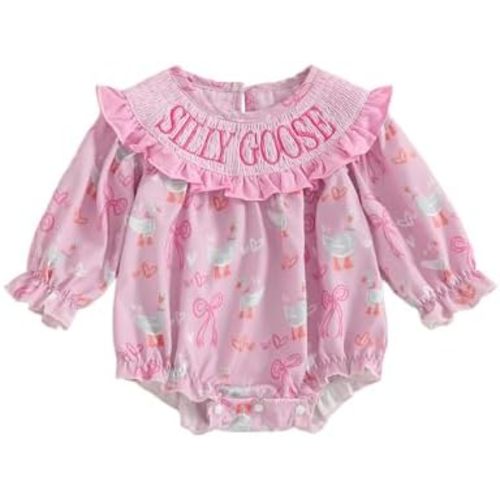 Newborn Baby Girl Fall Clothes One Silly Goose Long Sleeve Smocked Bubble Romper Onesie Infant Farm Goose Outfit