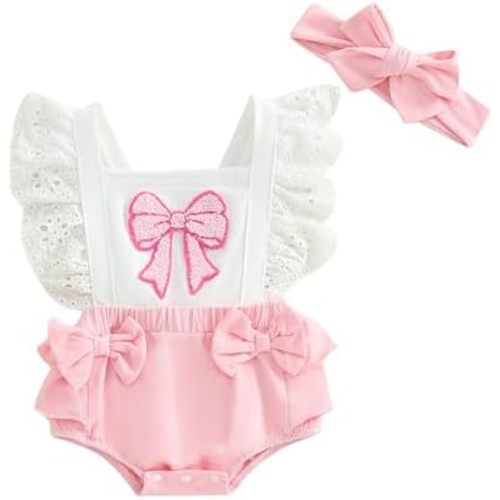 Baby Girls Flutter Sleeve Ruffles Layered Romper Dress Cute Embroidery Holiday Outfit with Headband