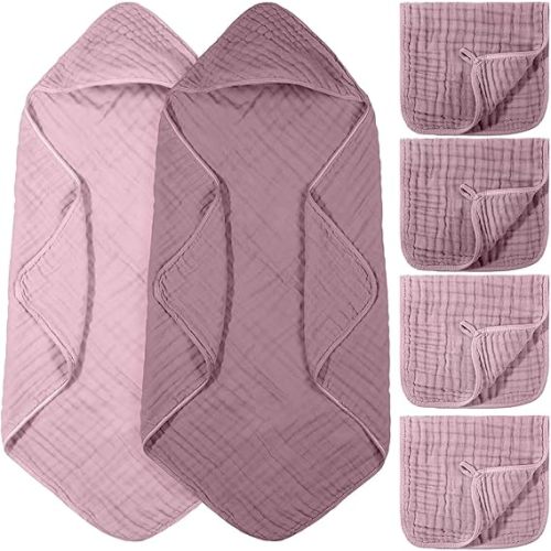 VitalCozy 6 Pcs Baby Muslin Hooded Bath Towels and Washcloths, Muslin Hooded Baby Towels Absorbent Blankets for Gift Newborn Infant Shower (Mauve,Peach Pink)