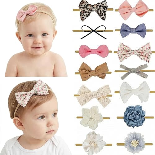 Baby Girl Headbands Nylon Flower Elastic Hairbands 14pcs Hair Accessories Gift for Newborn Infant Toddlers (White)