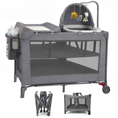 4 in 1 Baby Pack and Play with Bassinet, Portable Bedside Sleeper | Foldable Playpen with Bassinet, Diaper Changing Station, Bedside Seeper, Bottom Storage for Newborn to Toddler, grey