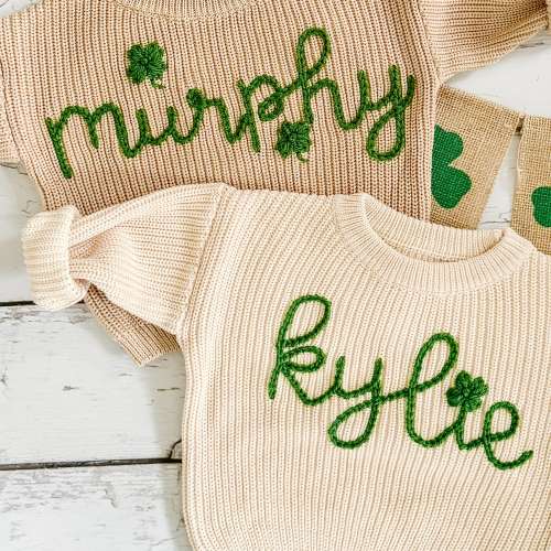 Personalized Irish Baby Name Sweater | Hand Embroidered Shamrock Baby & Toddler Sweater | Custom Name Pullover | Irish Gift