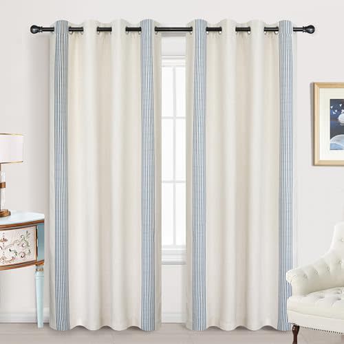 DriftAway Chris Linen Blackout Curtains with Thermal and Sound Reducing Layer 84 Inches Long for Bedroom Striped Printed Drapes Thermal Insulated Lined Window Treatments for Living Room Cabana Navy