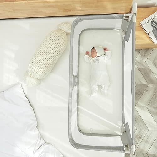 3 in 1 Portable Crib,Folding Bedside Crib Side Bed Rail Guard, Breathable Visual Mesh Window Cot Side Baby Bed, Infant/Baby Boy/Baby Girl, Gray