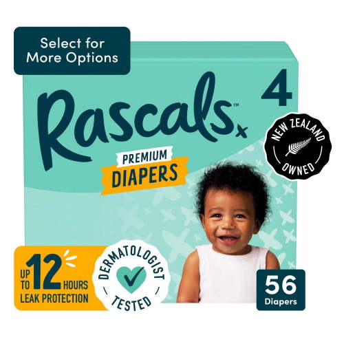 Rascals Premium Diapers, Size 4, Small Carton, 56 Count, Preemie to Size 7