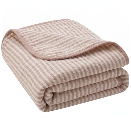 Ultra Soft Muslin Baby Blanket - Made with Organic Cotton, Earthy Botanicals Jacquard Swaddle & Crib Quilt, 43x43 (Dusty Pink Stripes)