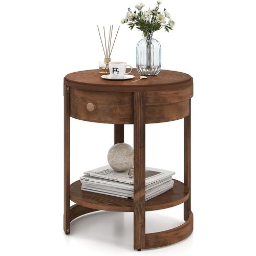 Giantex Round Side Table, 2-Tier Wooden End Table with Drawer and Shelf, Vintage Wood Grain Finish, Retro Circle Night Stand for Living Room Bedroom, Walnut