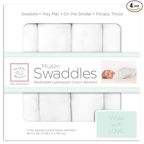 SwaddleDesigns Cotton Muslin Swaddle Blankets, Set of 4, Receiving Blankets for Baby Boys & Girls, Best Shower Gift, 46x46 inches, Pure White
