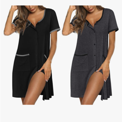 Ekouaer Nightgowns for Women 2 Pack Button Down Sleep Shirts Short Sleeve Nightshirt Sleepwear House Dress with Pockets