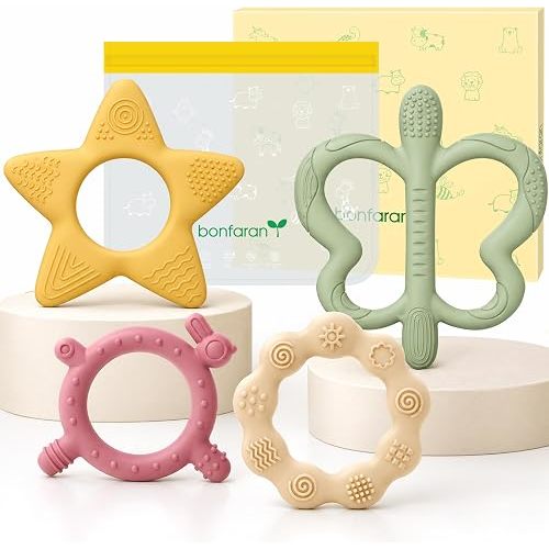 Baby Teether Set, Silicone Teething Toys, Babies 0-24M, 4 Softness Levels