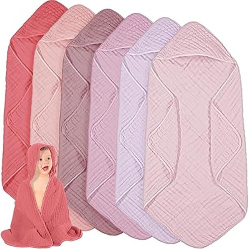 Peryiter 6 Pcs Muslin Hooded Baby Towels 32x32inch Cotton Newborn Bath Essentials Muslin Infant Blankets Absorbent Registry Baby Shower Present for Babies Girl Boy Kids (Purple Series)