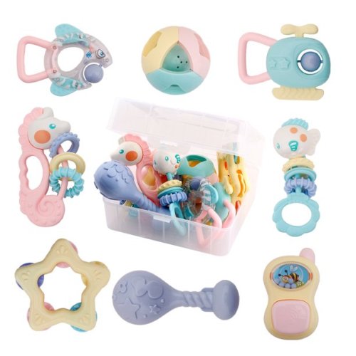 WISHTIME Baby Rattle Set 8pcs with Storage Box - Newborn Baby Toys Rattles and Teethers - Developmental Baby Sensory Toys for Girls Boys - Teething Toys for Baby 0-3-6-9-12 Months