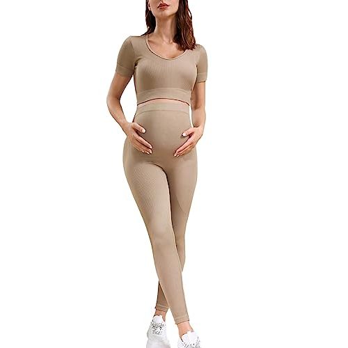 X-SNOW FALCON Women's Maternity 2 Piece Outfit Short Sleeve Seamless Crop Top and Over The Belly Pregnancy Yoga Leggings Set