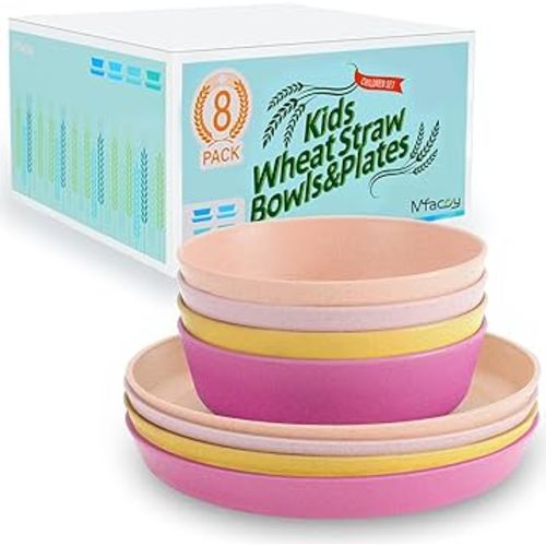 Mfacoy Wheat Straw Kids Plates and Bowls Set, Unbreakable Kids Dinnerware Set - 4 Pcs 7.75" Dinner Plates & 4 Pcs 18 oz Cereal Bowls, BPA Free, Microwave & Dishwasher Safe, Reusable Childrens Dishes