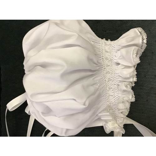 Hand Smocked Baby Bonnet: White Batiste, Pearl Tapered Brim