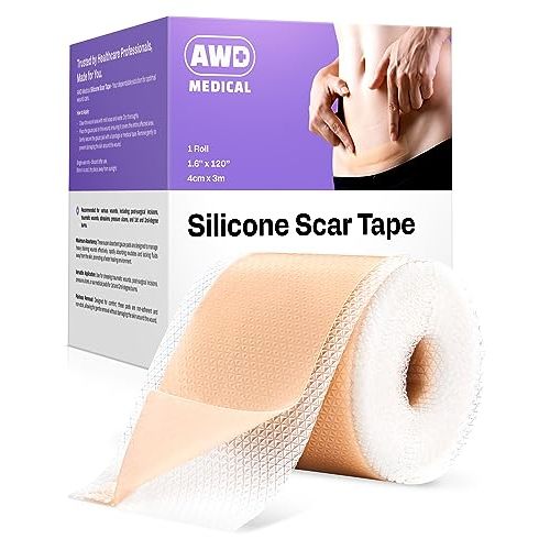 AWD Silicone Scar Sheets for Surgical Scars - Medical Grade Silicone Scar Tape for C Section, Tummy Tuck Tape, Keloid Treatment - Silicone Skin Patches After Surgery Must Haves (1.6" x 120" Roll)
