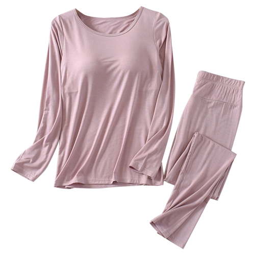 Viadha Soft Pajama Set for Women Women Solid Color Round Neck Padded Pajamas with Cups Long Sleeves and Trousers Two Piece Home Pajamas Sets