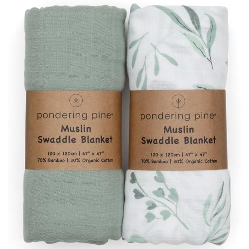 Organic Baby Muslin Swaddle Blankets for Boy or Girl - Eucalyptus Leaves and Sage Swaddling Blanket 2 Pack - Soft Muslin, XLarge and Breathable, Boho Baby, 47" X 47"