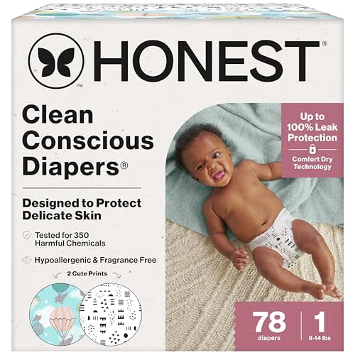 The Honest Company Comfort Dry Disposable Diapers for Sensitive Skin, Hypoallergenic, Fragrance-Free, Above It All + Pattern Play, Club Box Size 1 (8-14 lbs), 78 Count