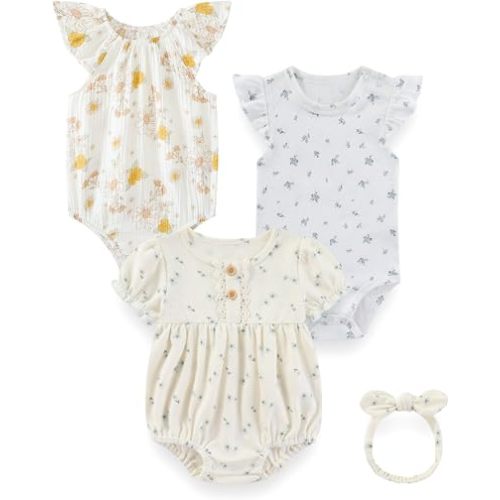 3Pcs Cotton Baby Girl Bodysuits Soft Infant Summer Rompers Set | Newborn 0-12Months Onesies,Short Sleeve, Floral Ruffle Bodysuits,Butterfly Headband,Easy Matching