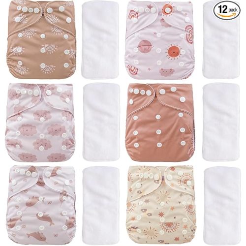 CoolaPeach 12 Set Reusable Adjustable Cloth Diapers for Newborn to 0-3 Years,One Size Washable Pocket Nappy Covers for Baby Girl and Boy,6 Pack Cloth Diapers+6pcs Microfiber Inserts(Pink)
