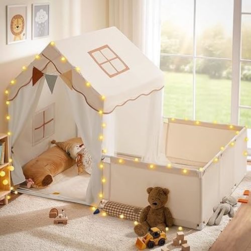 besrey Kids Play Tent with Enclosure, Toddler Tent 2 in 1 with Padded Mat and Lights, Large Playhouse for Kids, Indoor & Outdoor, Christmas Toddler Playhouse, 69" x39" x 53"