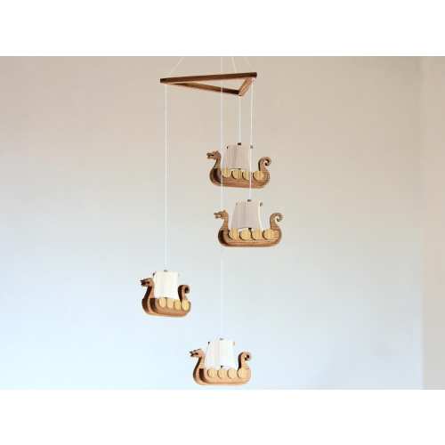 Handmade Viking Boat Mobile: Wooden Norse Ship Decoration