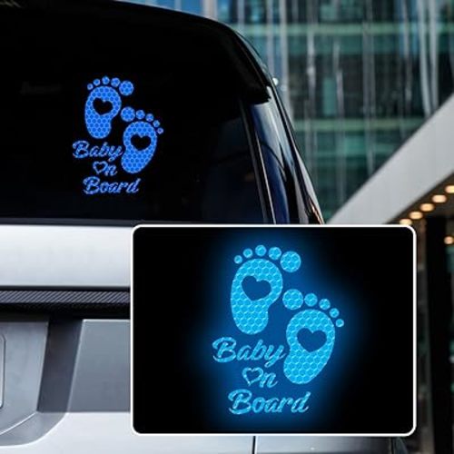 High Intensity Reflective Baby on Board Car Sticker Waterproof Cute Footprint Baby in Car Decal Safety Warning Sign Kids on Board Decal for Car Bumper Window (Blue)