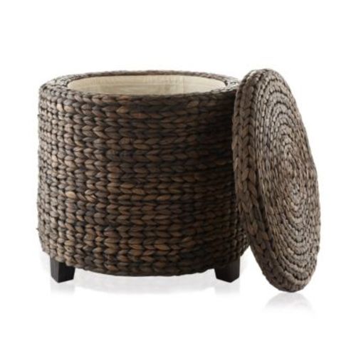 17" Round Storage Ottoman with Lid - Natural, Handwoven Footstool for Living Room, Bedroom, Bathroom, Home Office