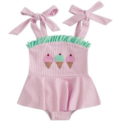 Baby Girl Swimsuits Ice Cream Embroidery Stripes Baby Girl Bathing Suit Trim Tie Infant Girl Swimwear