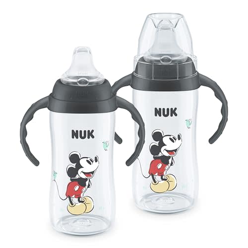 NUK First Choice Mickey Mouse Large Learner Cup 2.0, 10oz. Sippy Cup with Handles, Spill Proof, Leak Proof Soft Straw Cup, 2-pack
