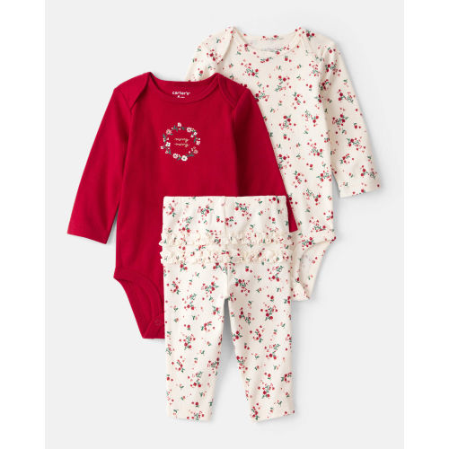 Baby Girl 3-Piece Floral Merry Cotton Bodysuits & Pant Set - White/Red - Carter's | Carter's