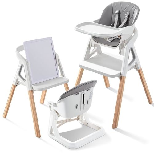 Baby High Chair, Babies and Toddlers Convertible Slim High Chair with 6 Growing Stages from Infant to Toddler Seating with Removable Tray, Easy to Clean,Gray Cushion