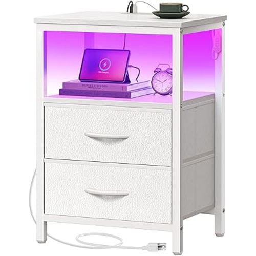 Huuger Night Stand with Charger Station and LED Lights, 2 Drawer Nightstand, Bed Side Table with Open Shelf, End Table, Fabric Dresser for Bedroom, PU Leather, White