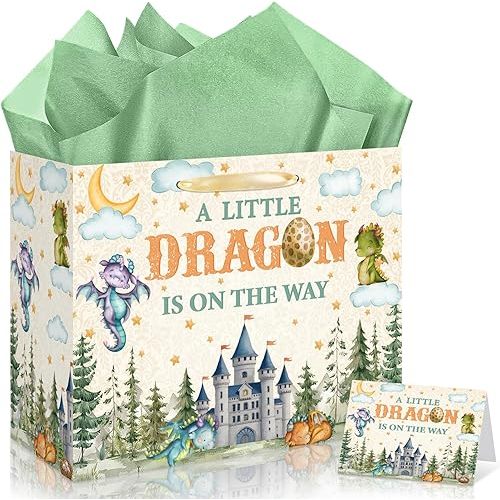 Dragon Baby Shower Birthday Gift Bag for Baby Boys A Little Dragon is On The Way Bag with Wrapping Paper Card Magic Dragon Castle Gift Bag for Baby Shower Gender Reveal Birthday Party Supplies